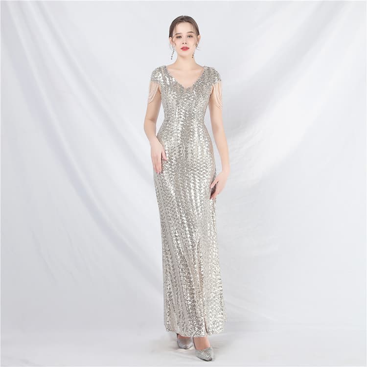 A Line Flared Gown Tassel Sequined Long Evening Dress Glittering Couture Host Evening Party Dress Women Dress Manufacturers