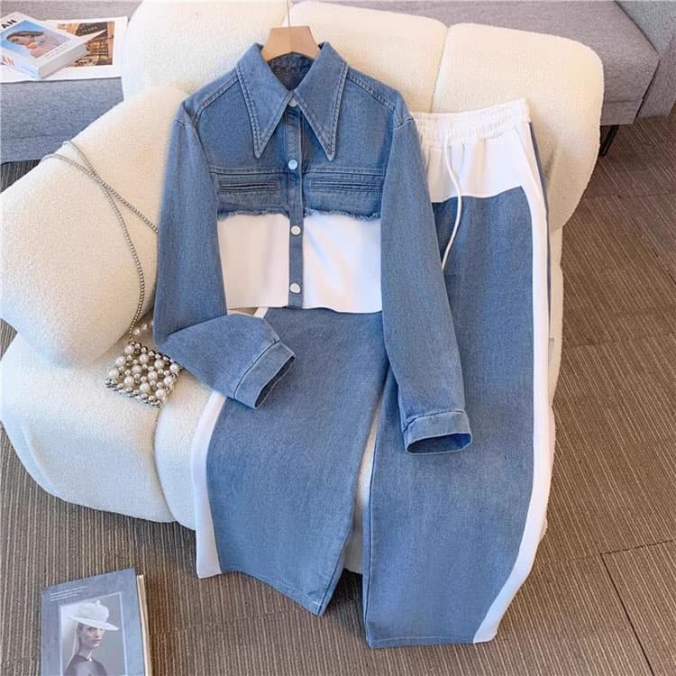 Color Block Denim Suit Factory Direct Long Sleeve Pocket Top Custom logo Drawstring Baggy Trousers Wholesale