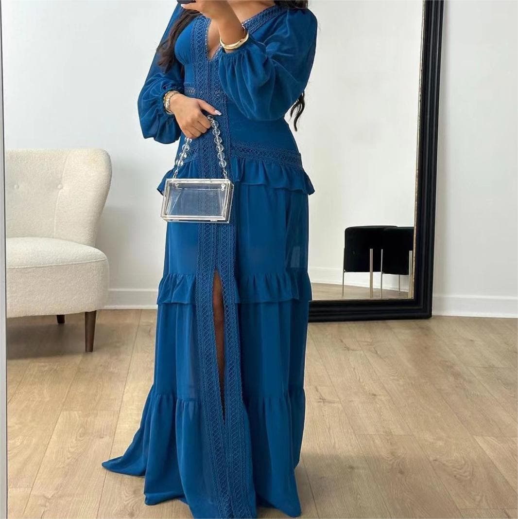 Lantern Sleeve V Neck Dress Wholesale Ruffled Long Skirt Custom logo Casual Dress Factory Directly