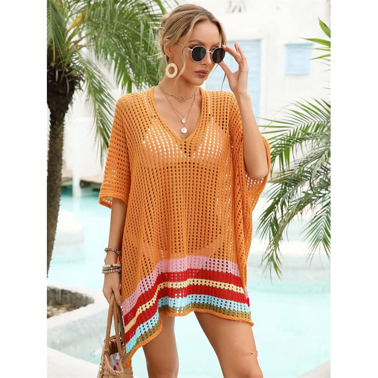 New Relaxed Beach Cover-Up Patchwork Cutout Design Dresses One Size Fits All Bikini Cover Ups