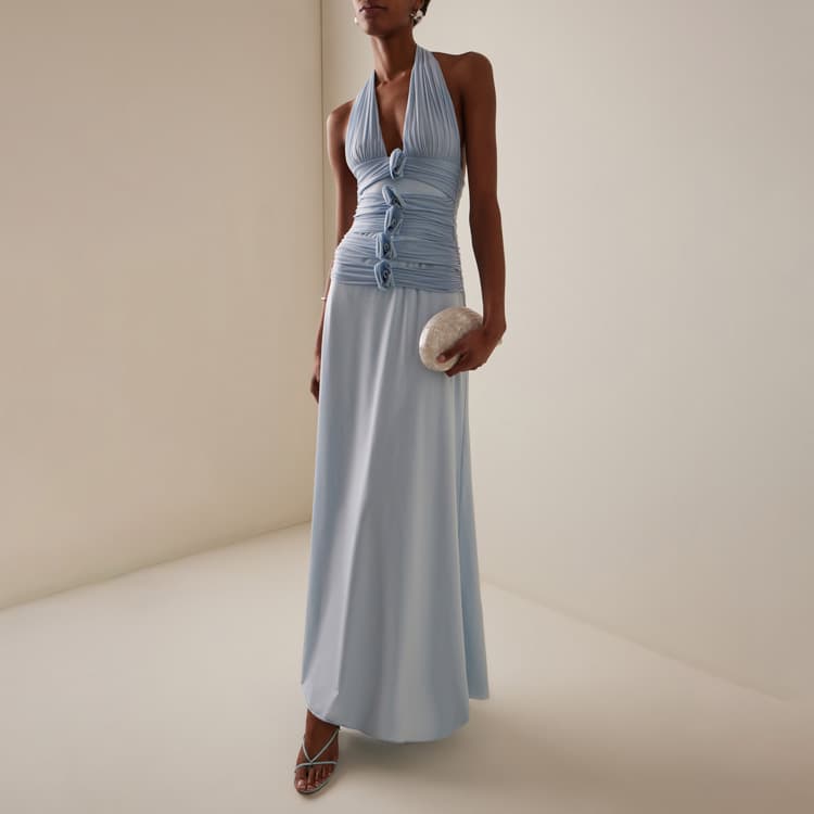 Wenshuo Flower Halter Evening Dress Wholesale Simple Backless Dress Custom logo Stylish Solid Color Dress Factory Direct