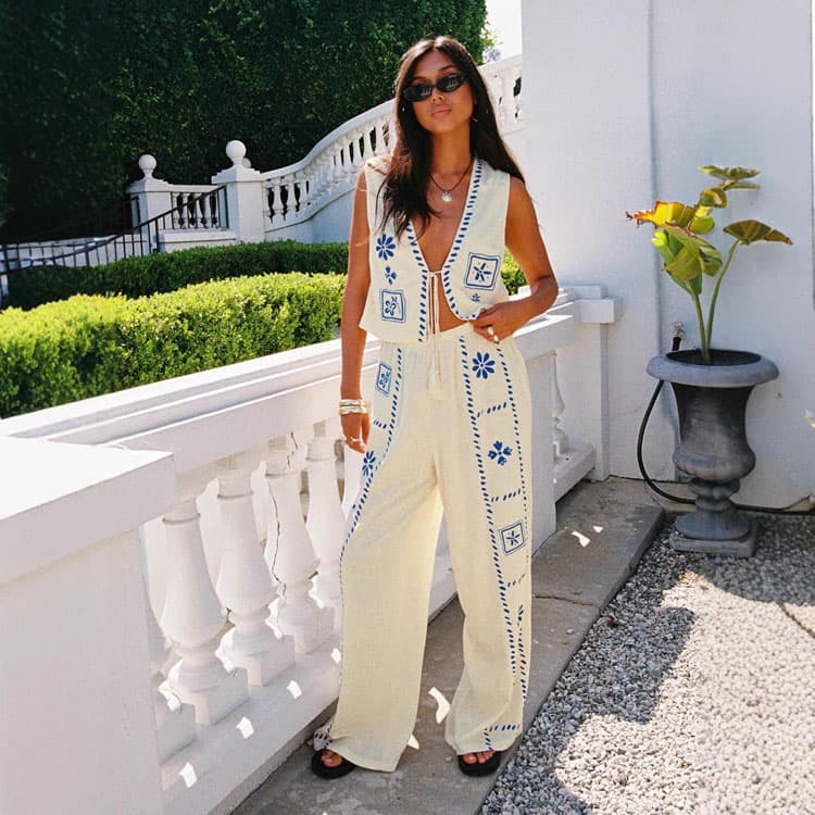 V Neck Sleeveless Vest Custom logo Elastic Straight Pants Factory Directly Casual Loose Women Suit Wholesale