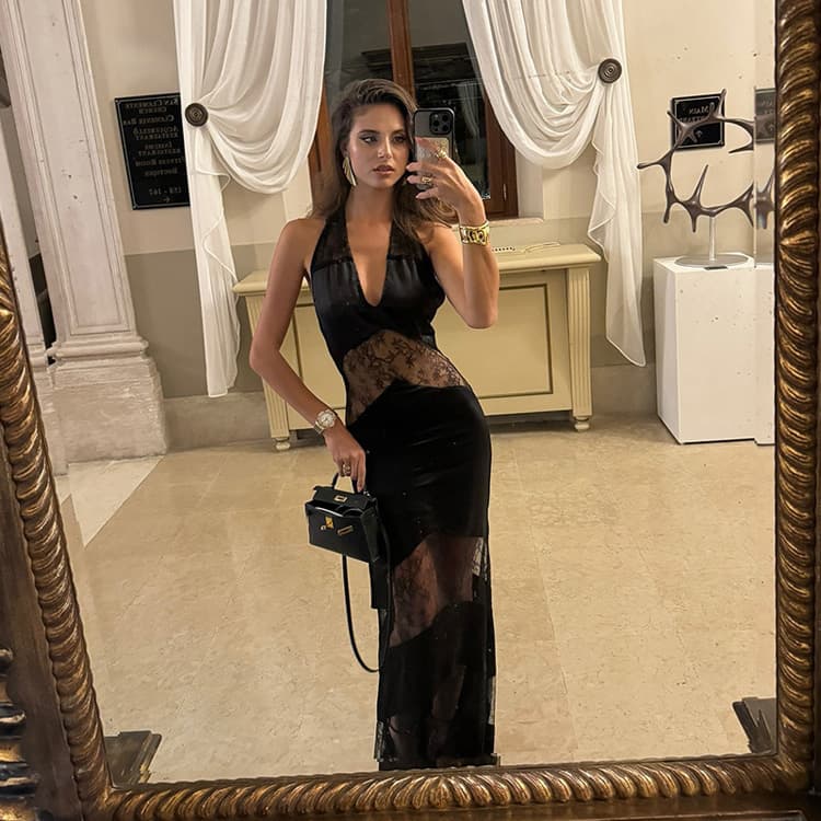 Sexy Lace Dress Wholesale Sheer Evening Dress Custom logo Ribbon Halter Dress Factory Direct