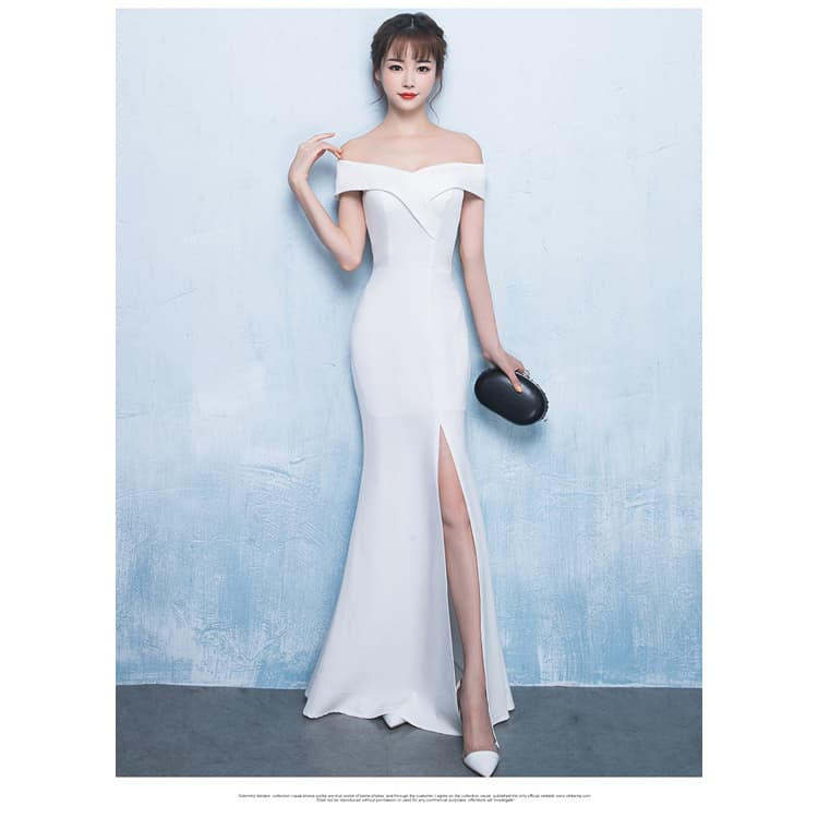 2024 Banquet Women Evening Dress Elegant Long off Shoulder Fishtail Host Dress High Quality Solid Color Simple Evening Dress
