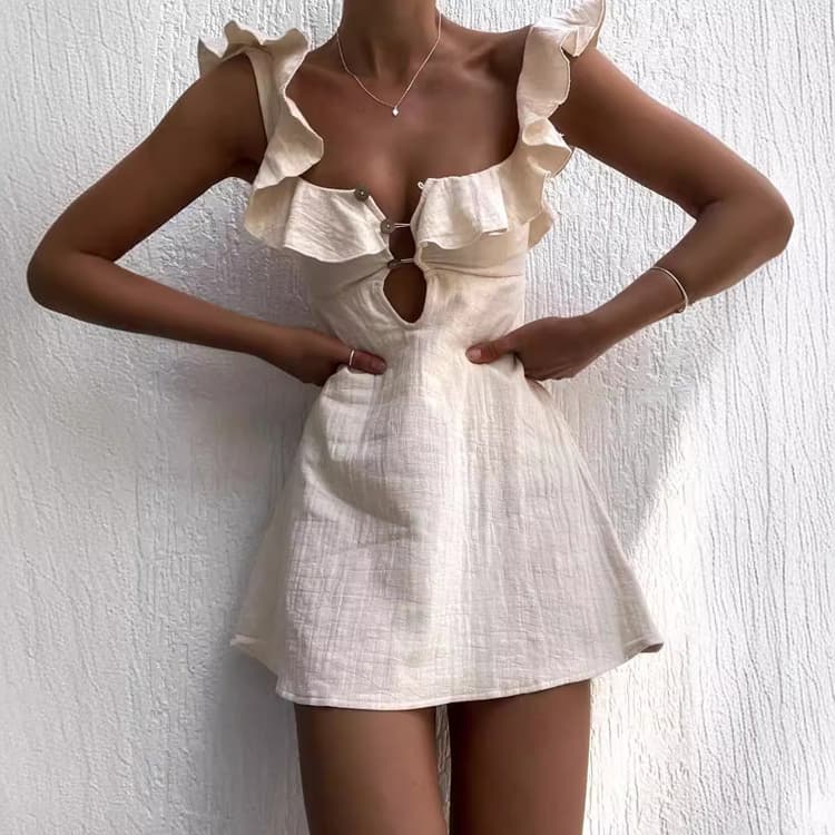 Wholesale New Arrival Sexy Ruffle Mini Dress with Buttons New Off Shoulder Slip Dress in Beige