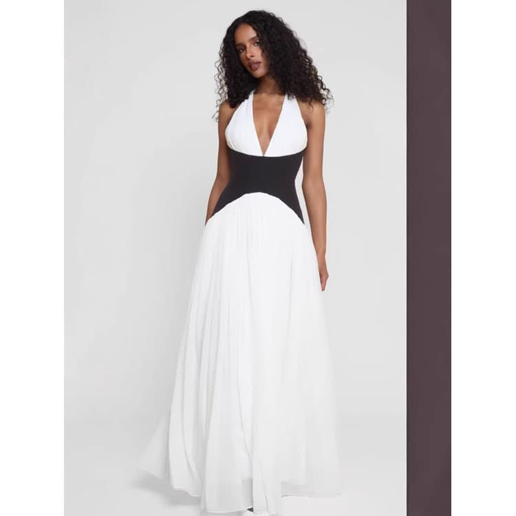 V Neck Halter Dress Custom logo Pleated Ruffle Maxi Dress Wholesale Casual Mesh Dress Factory Directly