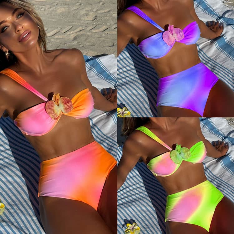 High Waist Sexy Gradient Color Bikini 2 Piece Set 3D Flower Sexy Fashion High Quality Swimsuit Set