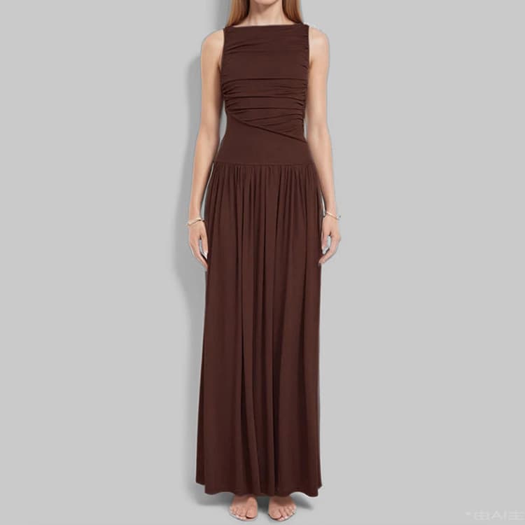 Casual Pleated Dress Wholesale Sleeveless Long Dress Custom logo Simple Solid Color Dress Factory Direct