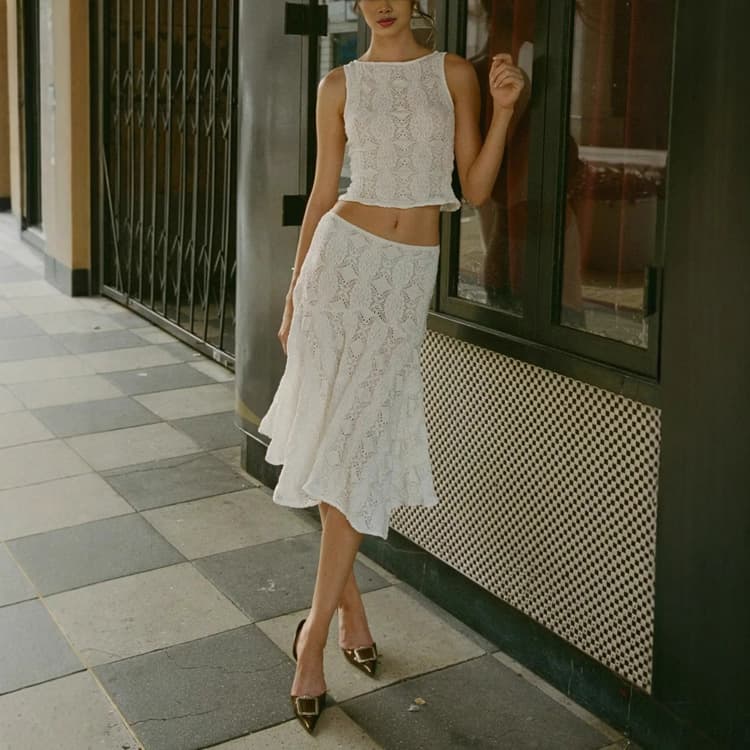 Knitted Openwork Dress Set Wholesale Sleeveless Round Neck Top Custom logo Solid Color Long Skirt Factory Direct