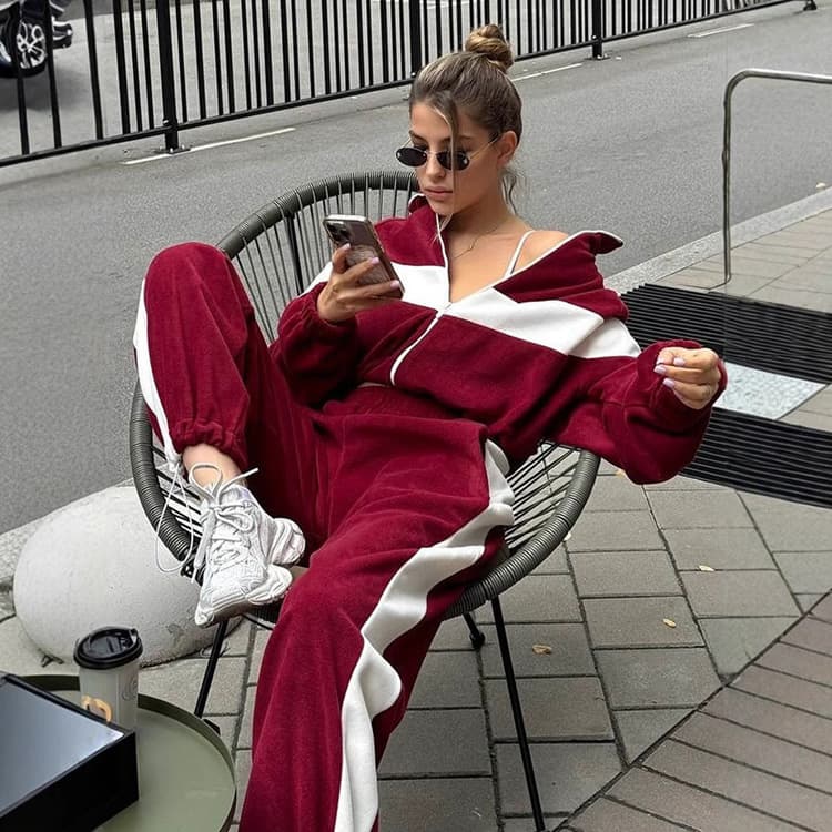 Wenshuo Collared Color Blocked Top Wholesale Solid Color Trousers Custom logo Stylish Drawstring Tracksuit Factory Direct