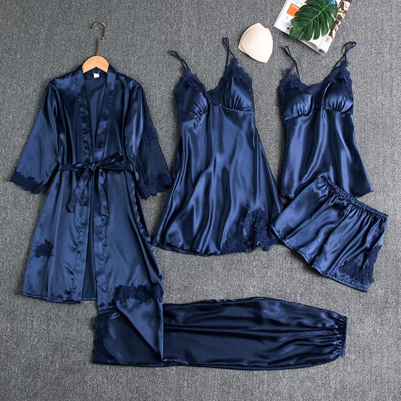 S-3XL Loose Pajamas Five-piece Set Factory Directly Printed Suspender Pajamas Manufacturer Satin Nightgown Set Wholesale