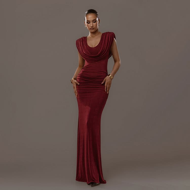 Pleated Fitted Dress Factory Direct Fashion Design Dress Custom logo Solid Color Long Dress Wholesale
