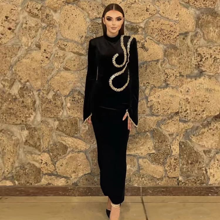 Rhinestone Evening Dress Wholesale Long Sleeve Maxi Dress Custom logo Slim Fit Soft Dress Factory Direct