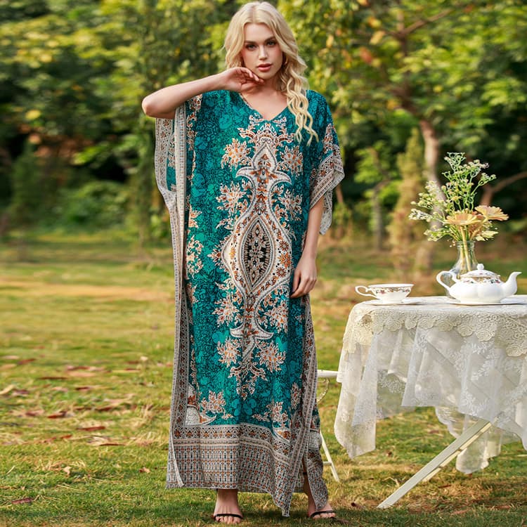 Woman Plus Size Middle Eastern Kaftan Dress Floral Print Beach Resort Wear Arabesque Maxi Beach Wear