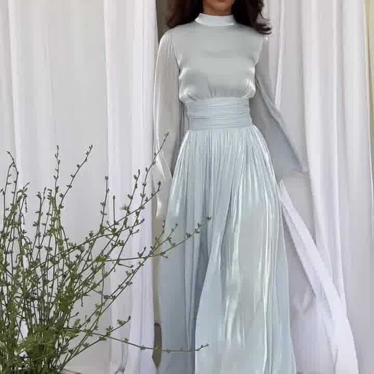 Fashion Round Neck Mesh Dress Wholesale Shimmering Pleated Dress Factory Direct Simple Elegant Dress Custom logo