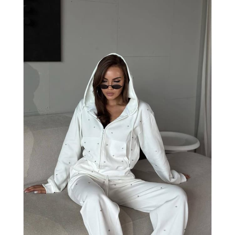 Wenshuo Rhinestone Tracksuit Wholesale Hooded Long Sleeve Top Custom logo Loose Simple Tracksuit Factory Direct