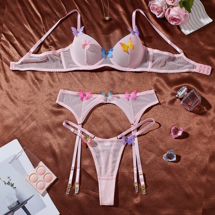 Wenshuo Colorful butterfly Lingerie Wholesale Mesh Lingerie Set Custom logo See Through Sexy Lingerie Factory Direct