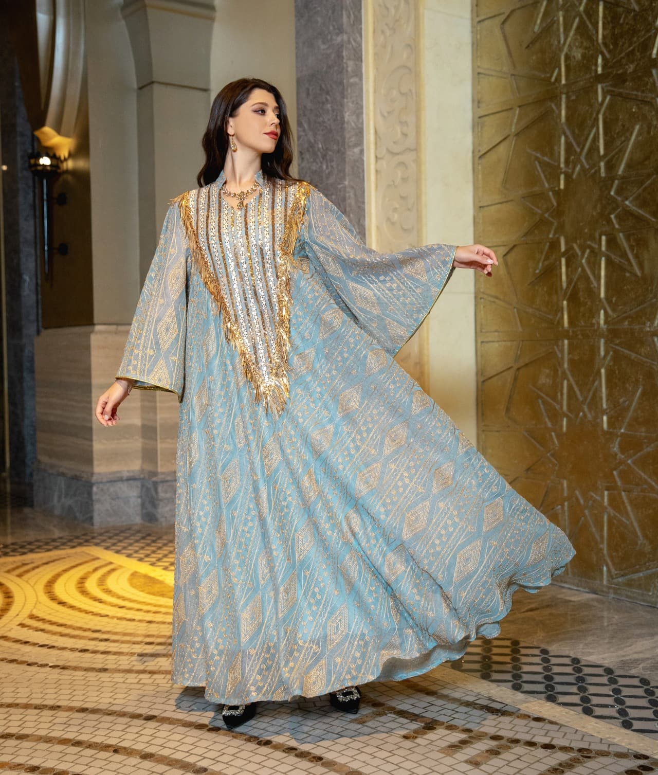 Wenshuo Elegant Sequined Dress Wholesale Muslim Long Sleeve Dress Custom logo Breathable Loose Dress Factory Direct