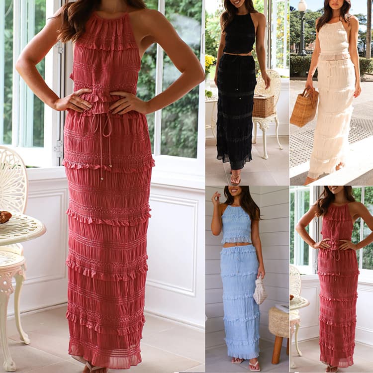 2025 New INS Chiffon Dress Set Popular Sleeveless Chiffon Elastic Waist Skirt Set Solid Color Sexy Backless Skirt Set