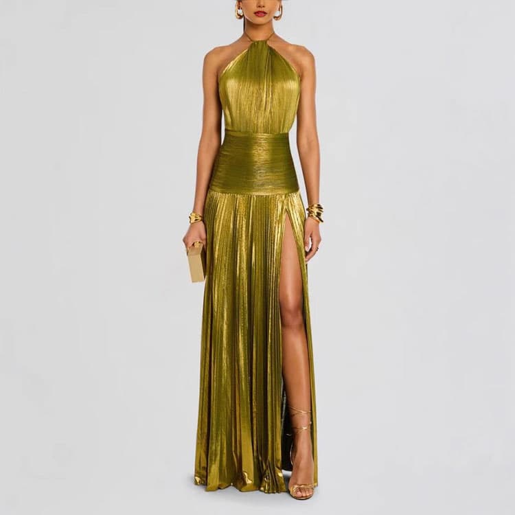 XS to 2XL Metallic Pleated Halter Neck Dress Long Sleeveless Evening Gown with Backless Thigh High Slit