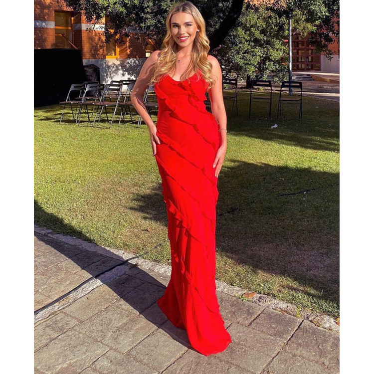 New Sexy Backless Dresses U Neck Wave Slim Fit Dresses Solid Color Side Slit Dresses