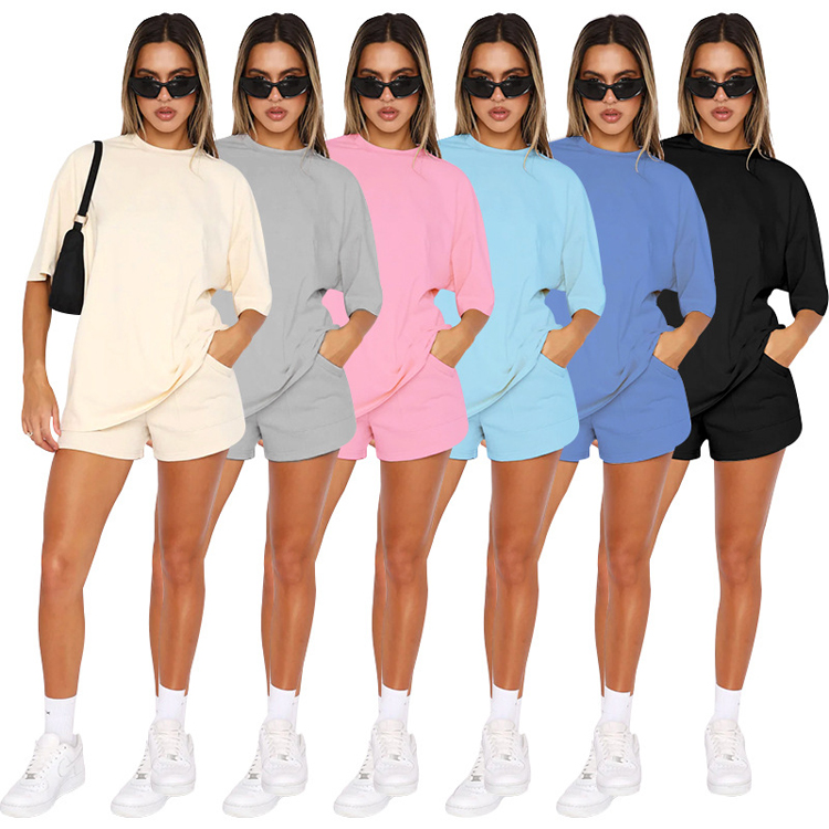 Summer New Polyester/Cotton Solid Color Short Sleeve Suit Casual Shorts Suit Solid Color Casual T-shirt Suit