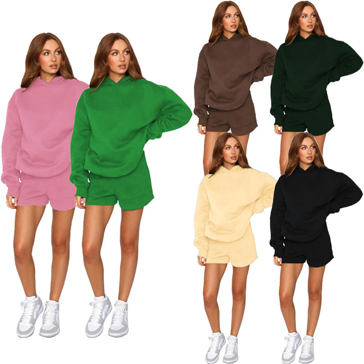 Autumn and Winter New Solid Color Jogging Suit Hooded Pullover Long Sleeved Sweater Women Shorts Suit