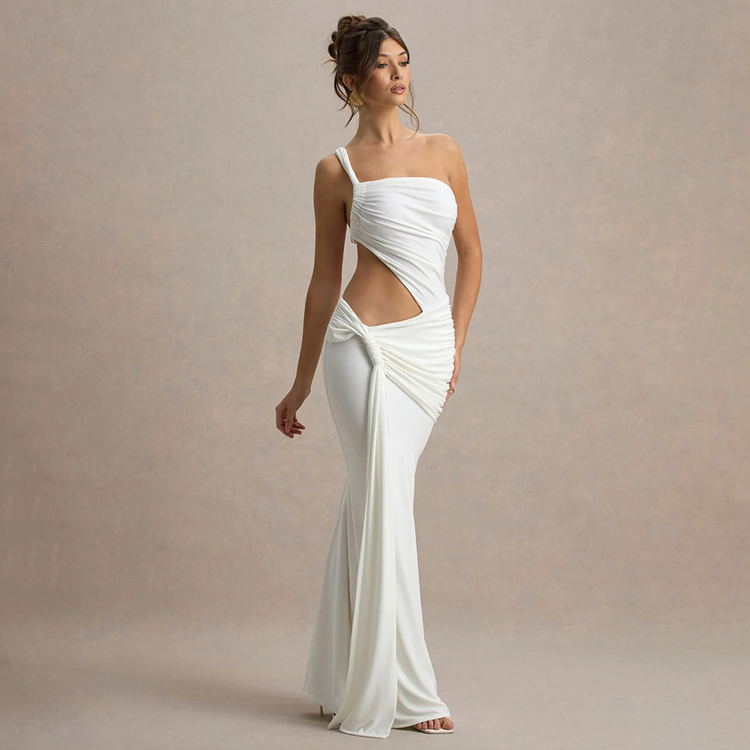 Summer Sexy One Shoulder Dresses Solid Color Backless Strapless Dresses Fashionable Bandage Pleated Long Dresses