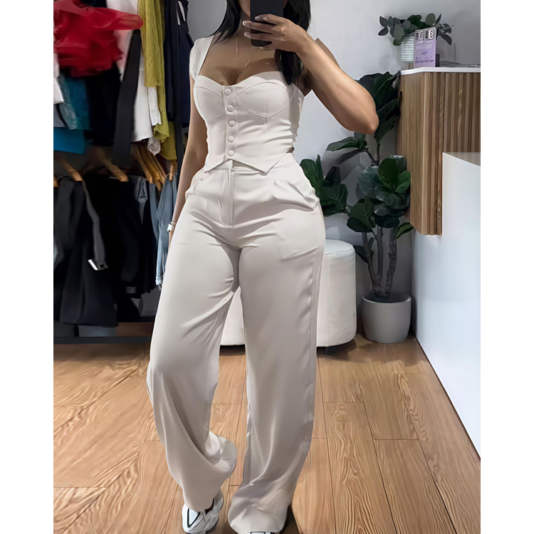 Wholesale Solid Color Elegant Set Strap Short Tight Tank Top Casual Wide Leg Pants Set
