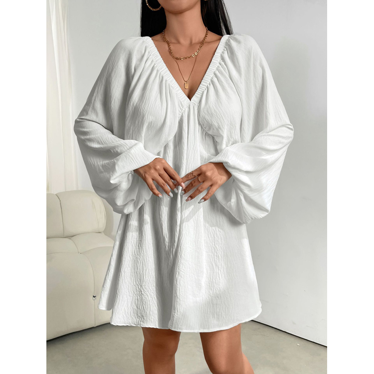New Solid Color Simple Dress Deep V Sexy Bubble Sleeve Dress Solid Color Dress
