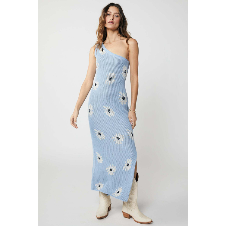 New Slanted Shoulder Sleeveless White Floral Dresses Sexy Slit Knitted Dress Blue Knit Dresses