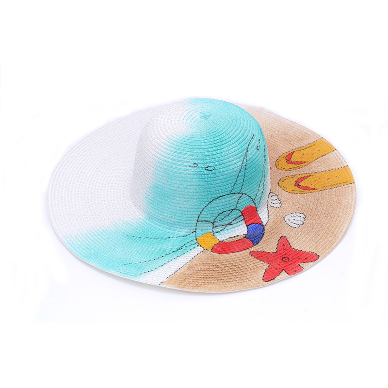 New Designed Straw Sun Hat Broad Brim Hand Painted Beach Sunshade Hat