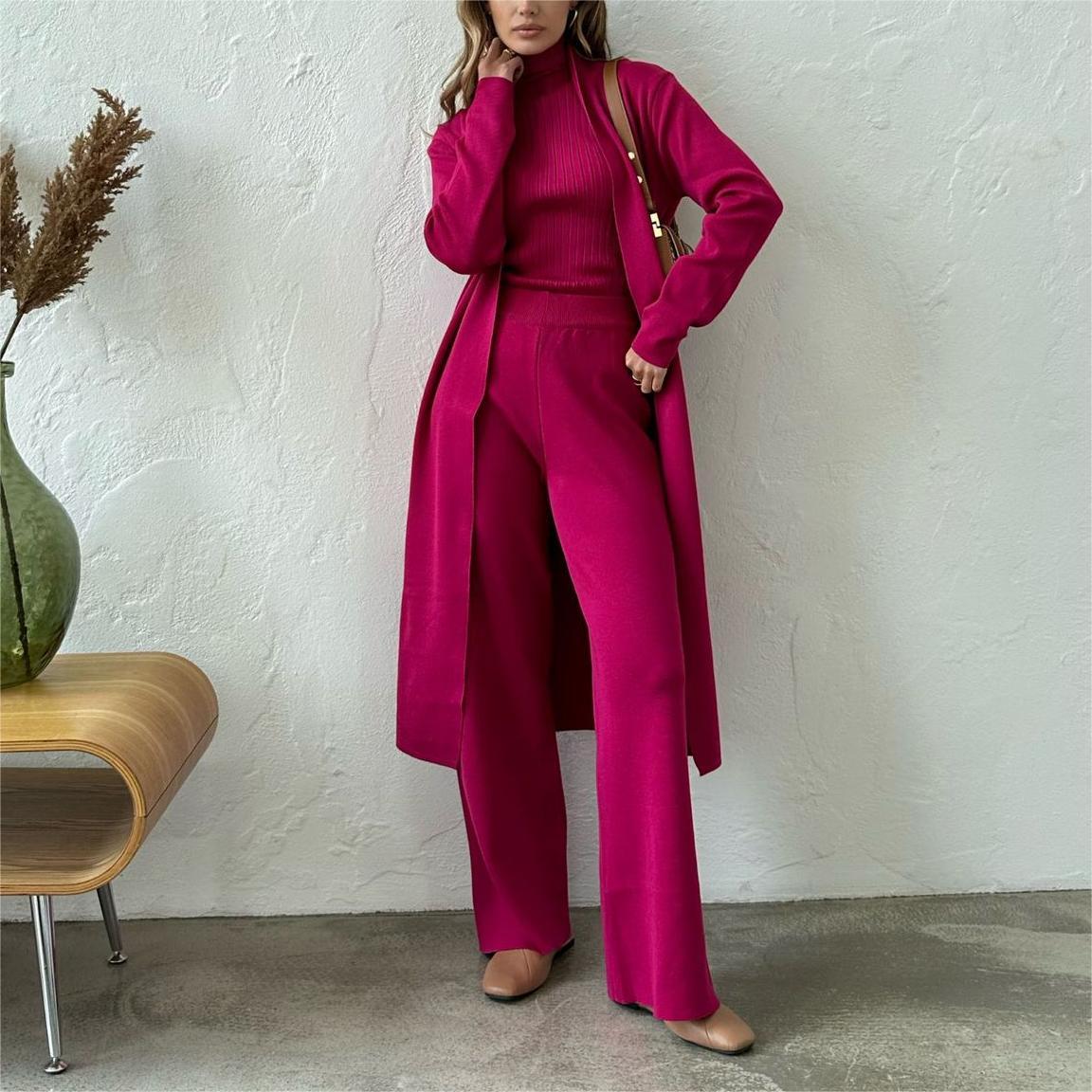 Knitted Three Piece Suit Wholesale Dubai Style Women Suit Custom logo Solid Color Trousers Factory Directly