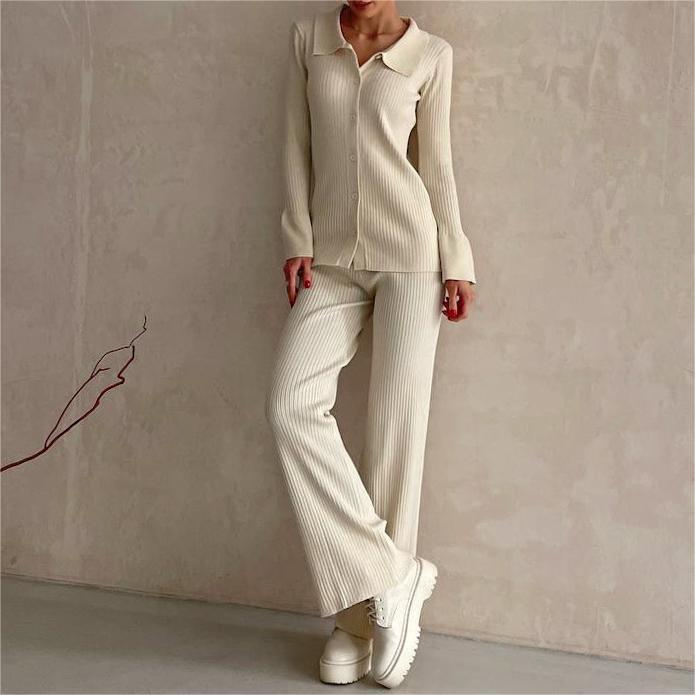 Solid Color Two Piece Suit Wholesale Women Knitted Suit Custom logo Soft Trousers Factory Directly
