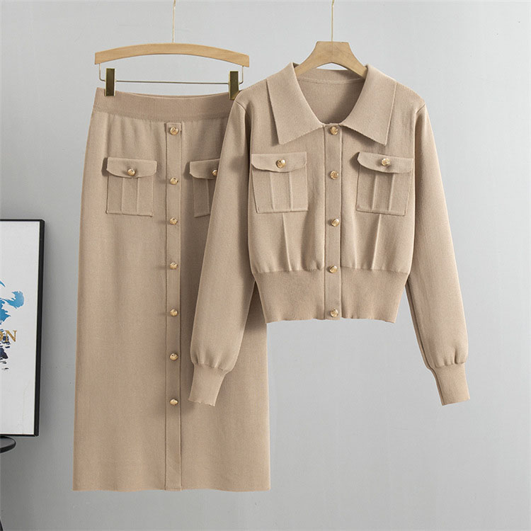French Shirt Two Piece Factory Directly Knitted Dress Set Custom logo Soft Solid Color Long Skirt Wholesale