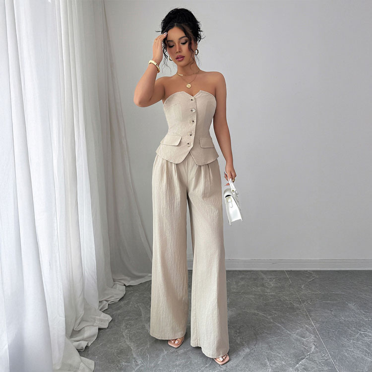 Fashion Cotton Women Sets Wholesale Sleeveless Slim Fit Vest Custom logo Loose Straight Trousers Factory Directly