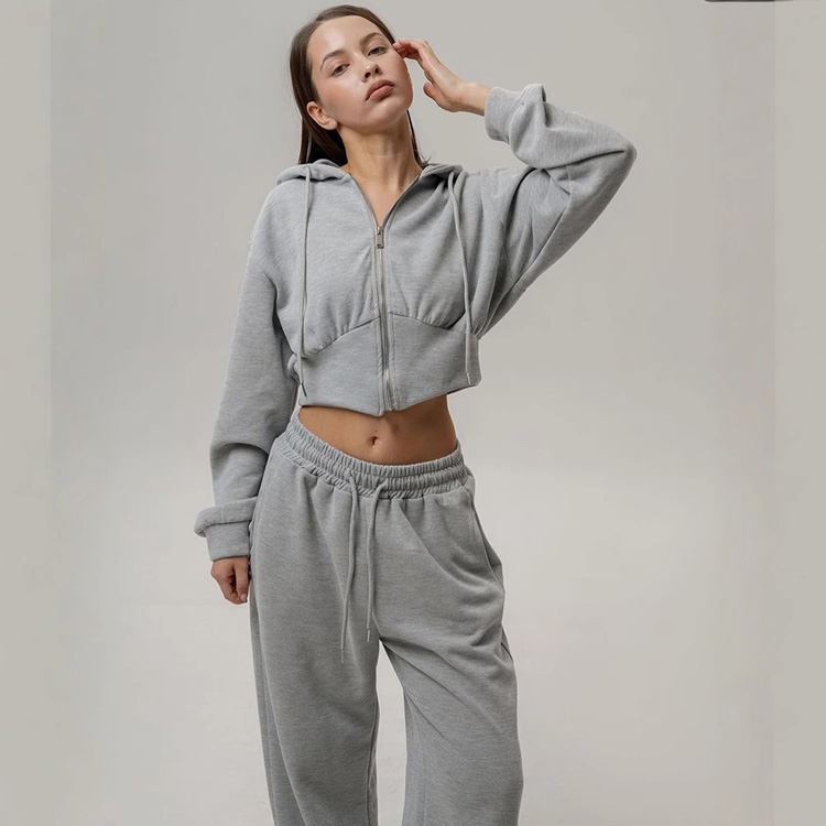 Wenshuo Hooded Crop Top Wholesale Drawstring Straight Trousers Custom logo Solid Color Tracksuit Factory Direct