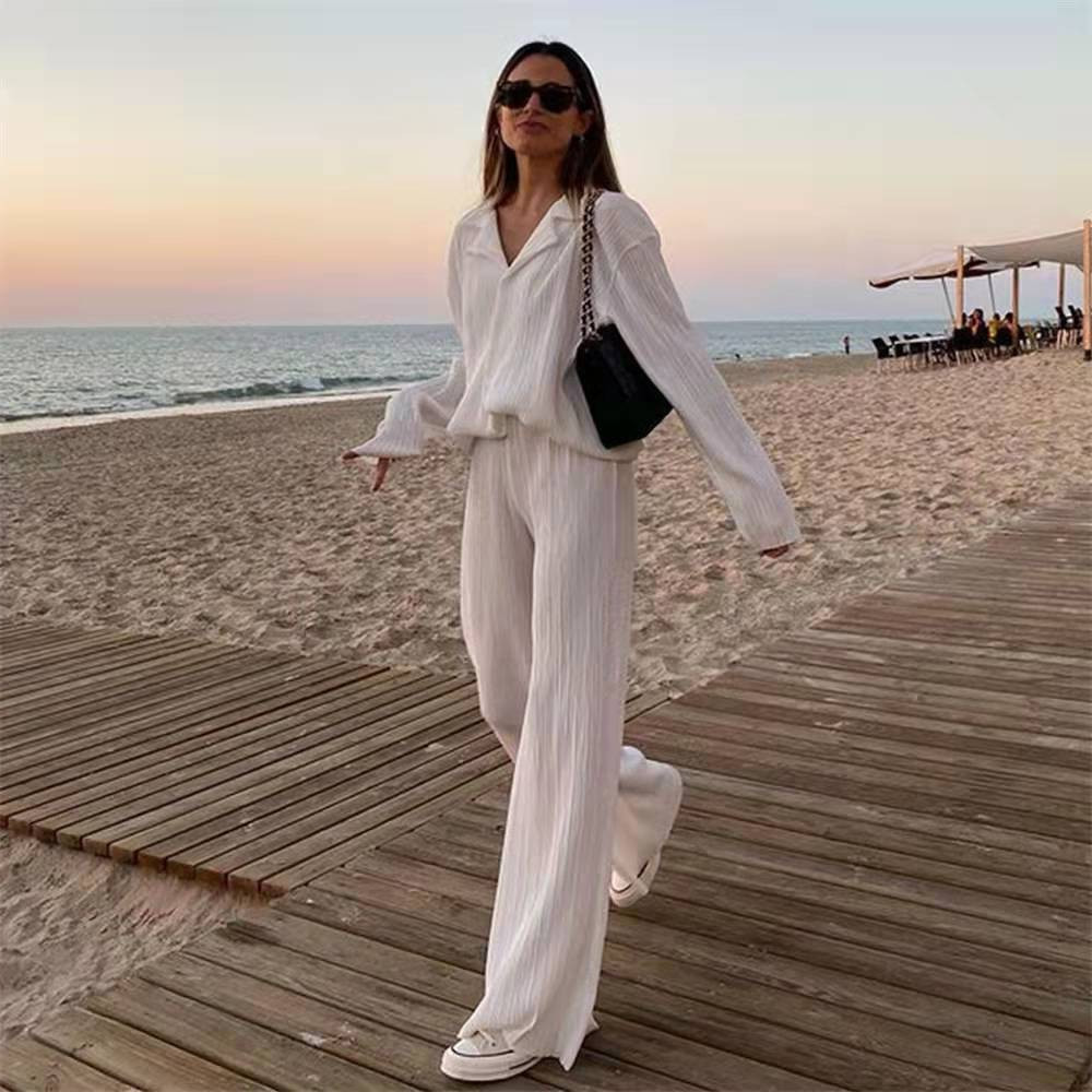 Wrinkled Long Sleeve Shirt Factory Directly Loose Solid Color Shorts Set Wholesale Fashion Casual Women Suits Manufacturer 2025