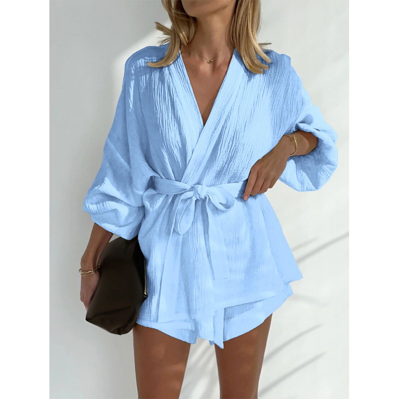 Pure Cotton Long Sleeve Top Factory Directly Fashion Solid Color Ladies Two Piece Suit Loose Tie Strap Shorts Set Wholesale
