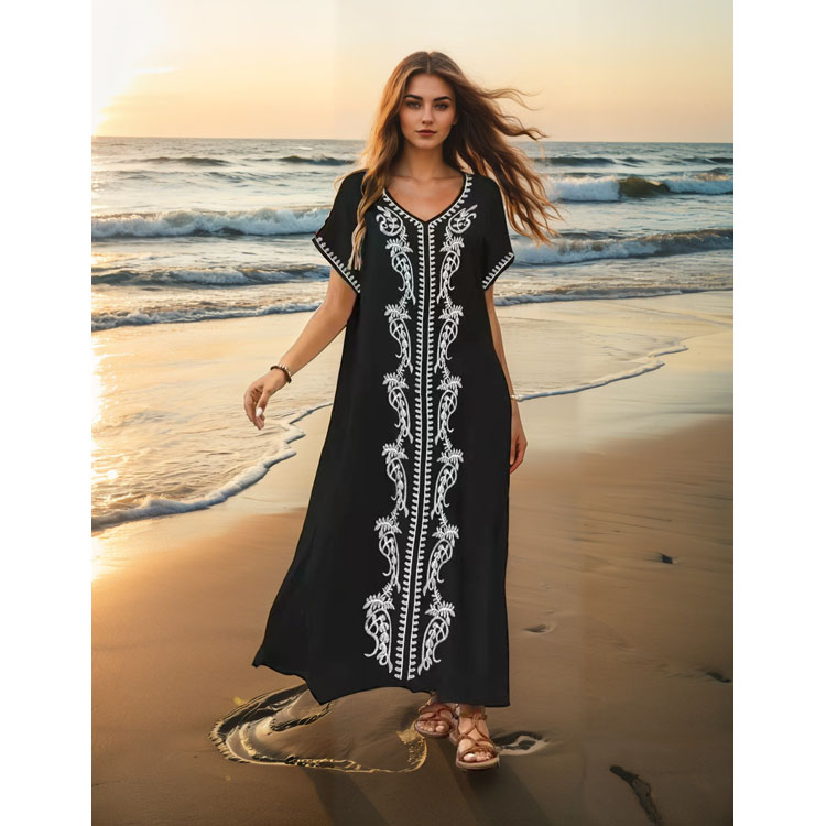 Rayon beach cardigan wholesale V neck split maxi dress custom logo Embroidered bikini top factory directly