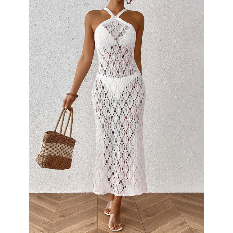 Sexy swimsuit outerwear wholesale Halter backless maxi dress custom logo Knitted bikini cover-up factory directly