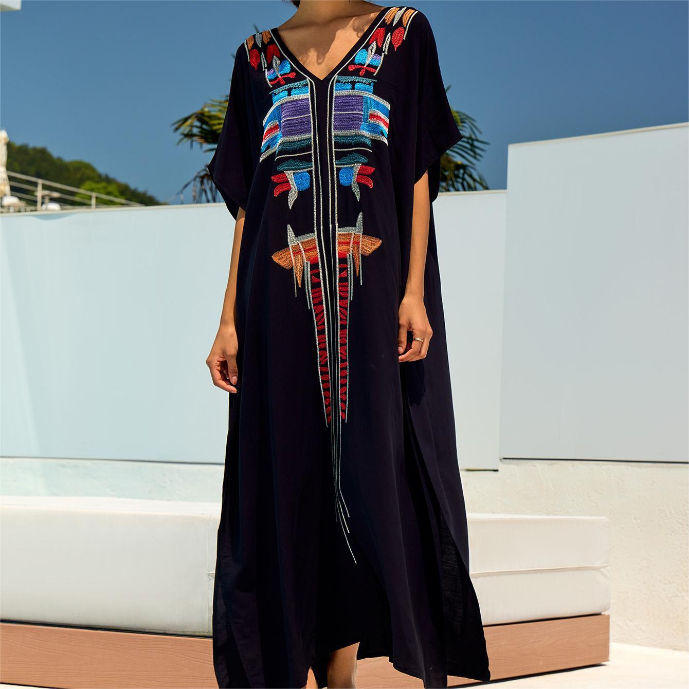 V Neck Rayon Holiday Skirt  Flower Black Women Long Dress  Bikini Cover up Wholesale