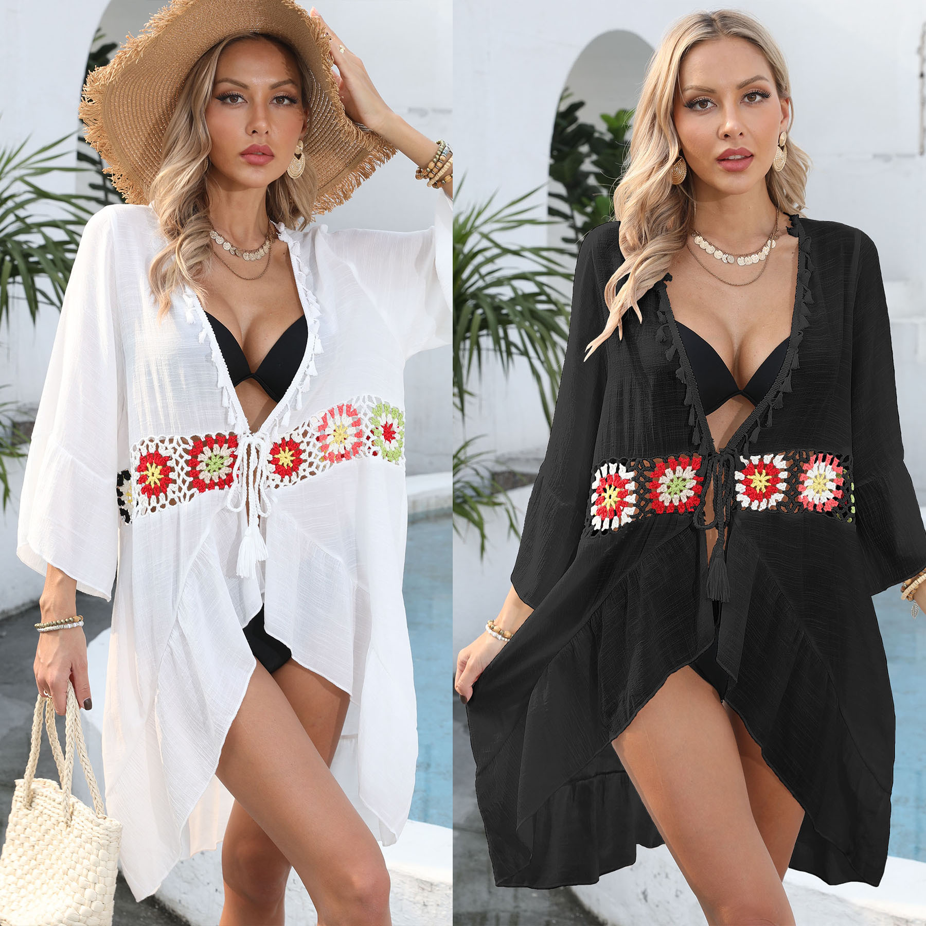 Embroidered Flower Cardigan Wholesale Short Bikini Cover Ups Custom logo Tassel Swimsuit Cardigan Factory Directly