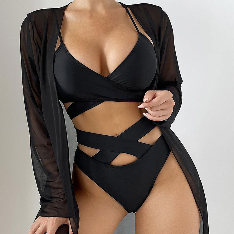 Sexy Cardigan Kimono Bathing Suit Three Piece Push up Bikini High Waist Hot Spring Swimsuit