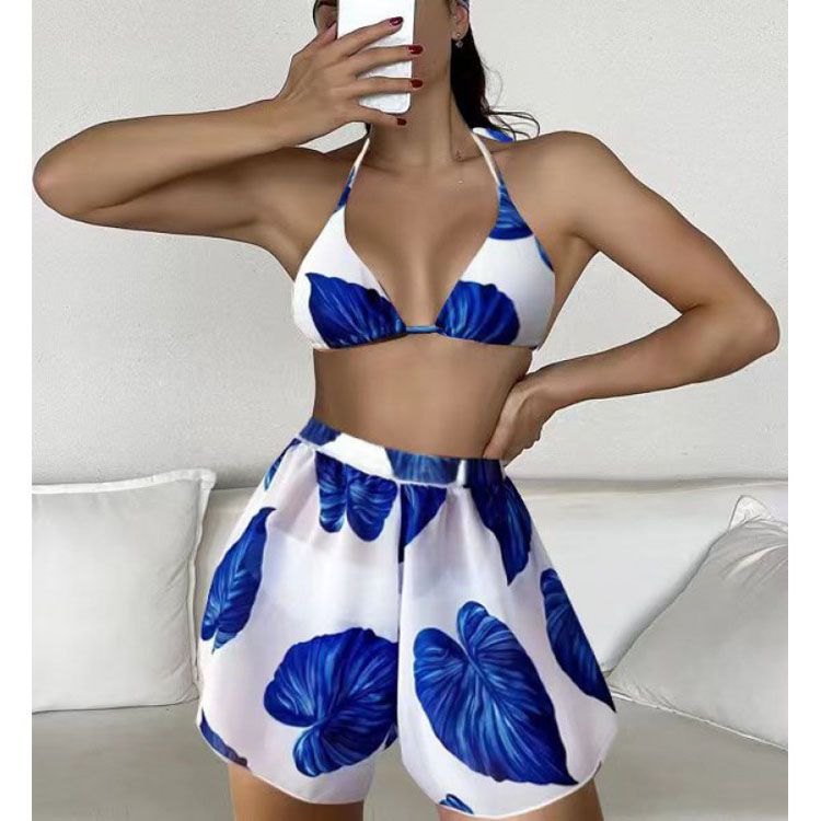 New Swimwear Women Popular Leaf Print Bikini Lace up Swimwear Three Piece Beach Bikini