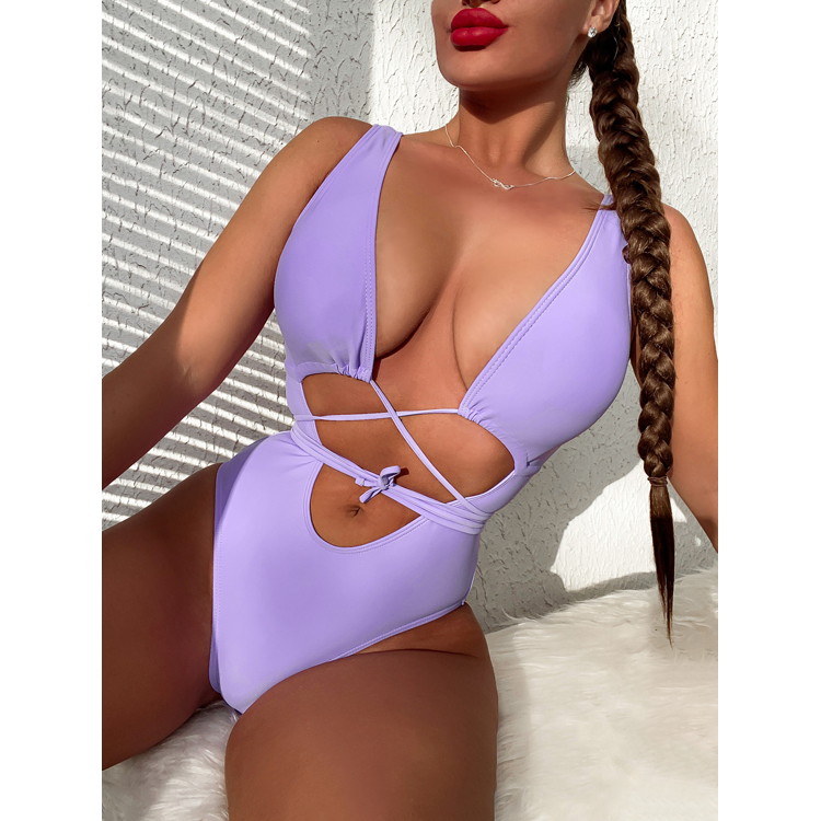 New One Piece Swimsuit Solid Color Bikini Hollow Bandage Fitness Swimwear