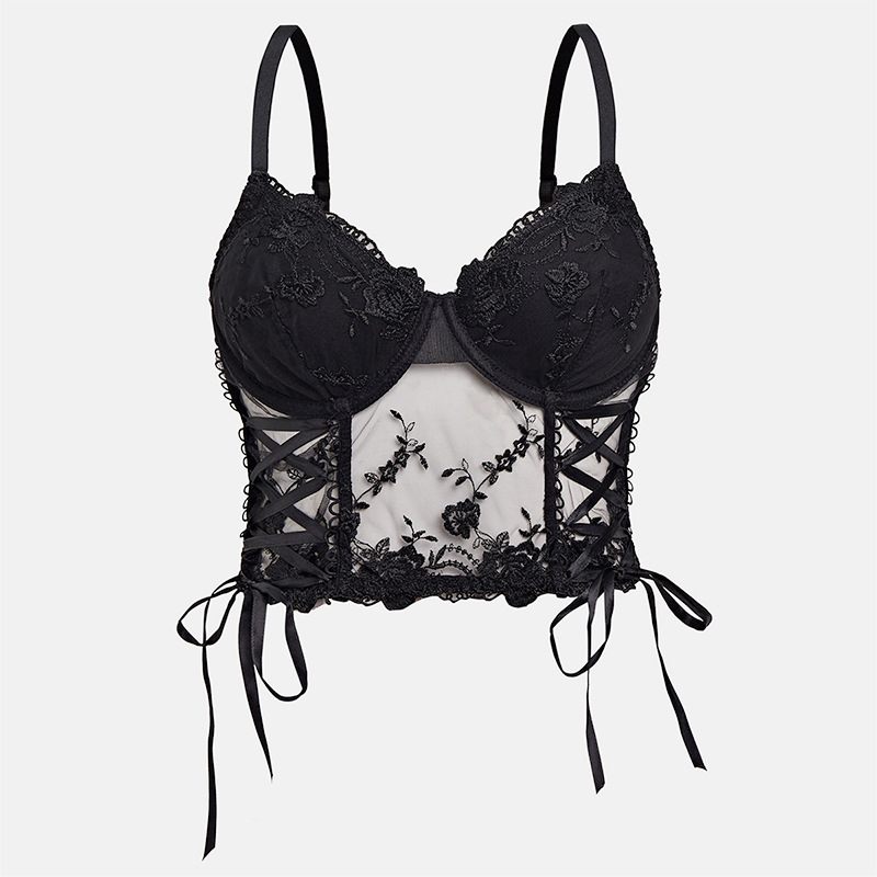Ribbon Lace  Flower Underwire Bra See Through Lace Corset Custom logo Wholesale Transparent Mesh Lingerie
