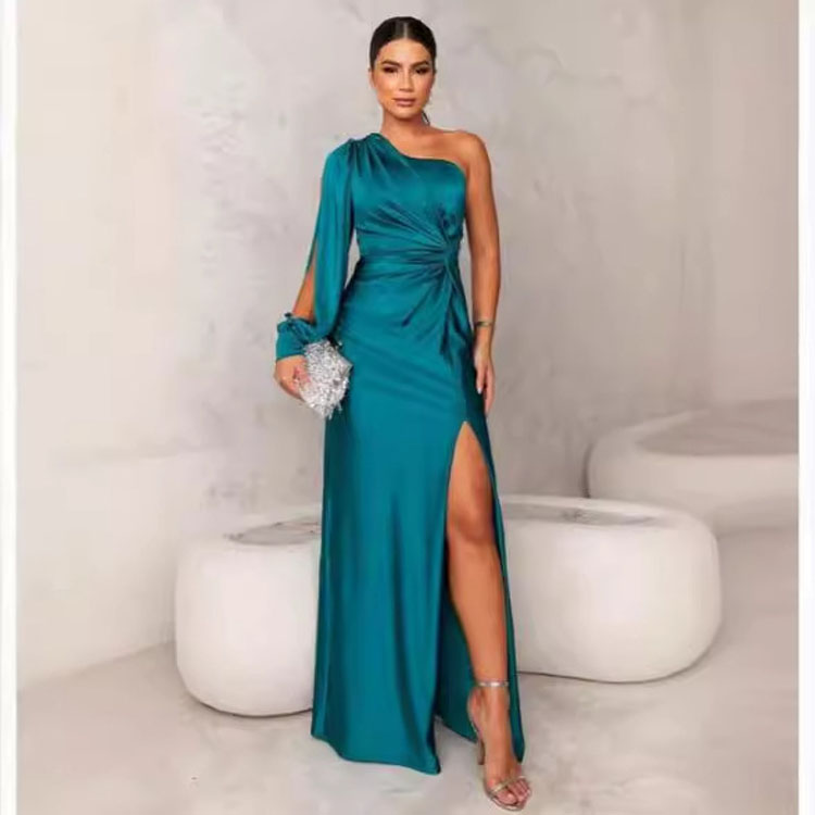 Solid Color Simple Dress Wholesale Satin off Shoulder Dress Custom logo Split Maxi Dress Factory Direct