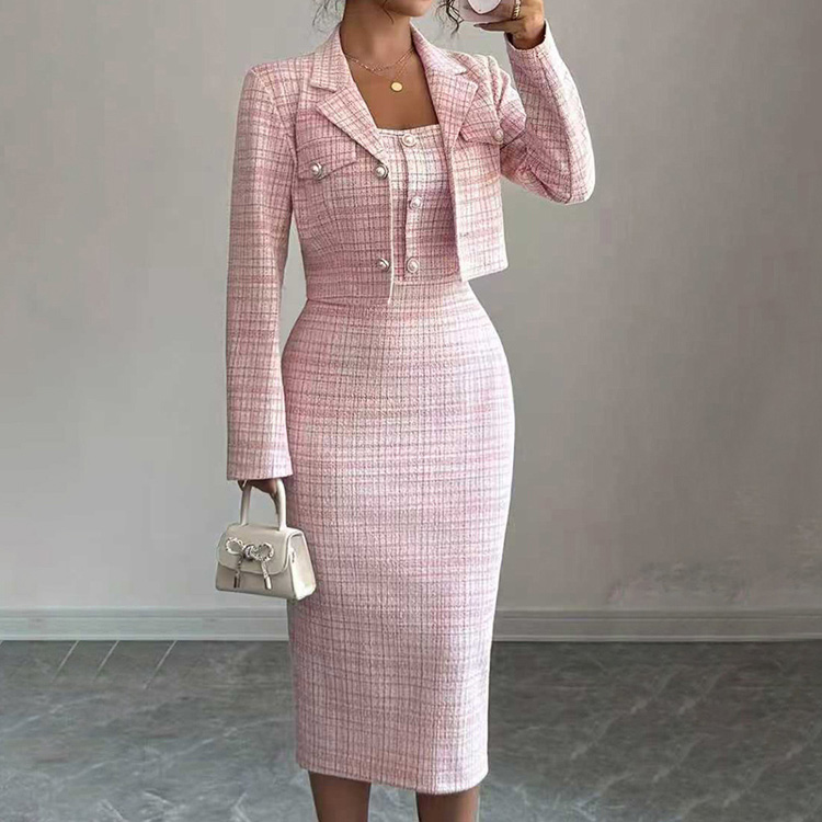 Wenshuo Plaid Maxi Dress Wholesale Long Sleeve Crop Top Custom logo Elegant Dress Set Factory Direct