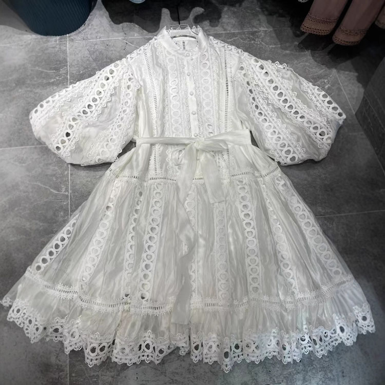 Wenshuo Hollow Lantern Sleeve Dress Wholesale Solid Color Tie Waist Dress Custom logo Simple a Line Dress Factory Direct